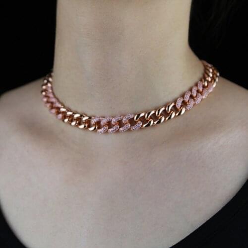 Rose gold color micro pave pink cz cuban chain adjusted box chain Miami pinky cuban link chain choker necklace for women