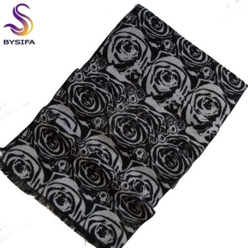 BYSIFA Black Grey Rose Pure Silk Scarf Shawl Women Men 180*30cm Silk Napping Scarf Cape Winter Men Big Plaid Long Scarf Printed