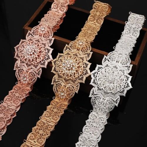 Vintage Gold Plated Caucasus Wedding Belts Hollow Flower Design Rhinestone Turkish Caftan Jewelry Muslim Metal Body Jewelry