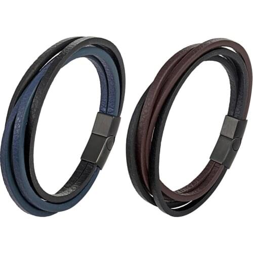 Vintage Mixing Blue Black Brown Bracelet Woven Punk Leather Bracelet For Men Jewelry Hip-hop Multilayer Stainless Steel Bracelet