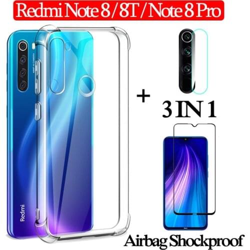 3in1 Airbag Case Glass for Xiaomi Redmi Note 7 6 8 Pro 8A 7A Cover Red Mi Note 8 T Camera Screen Protector on Xiomi Redmi Not 8T