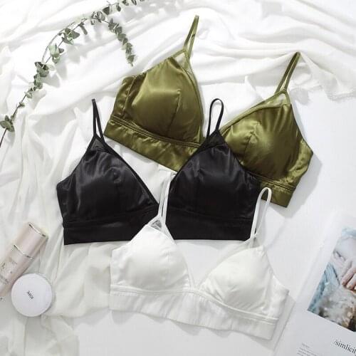 Womens Mulberry silk satin bra wireless sexy triangle cup bra with removable chest pad plus size push up breathable bracelet