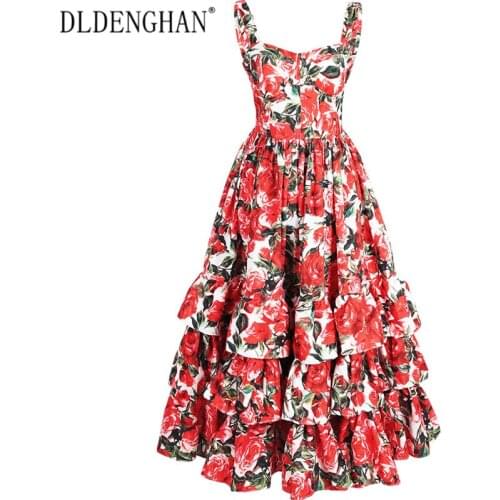 DLDENGHAN Fashion Runway Women Ball Gown Dress Sexy Backless Floral Print Cascading Ruffle Summer Strap Dress Vestidos Robe