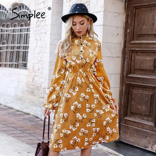 Simplee Floral A-line ruffle long sleeves holiday maxi women dress Office buttons stand collar autumn dress Female beach vestido