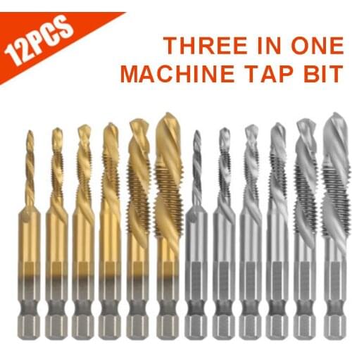 12pcs Compound HSS Hex Shank Drill Bits Set Tap Drilling M3-M10 Metric Screw Thread Tap Drill Bit For Three-in-One Machine