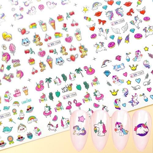 12 Designs Cute Cartoon Nail Stickers Water Transfer Decals Unicorns Rainbow Sliders Wings Lovely Nail Art Decorations Manicure