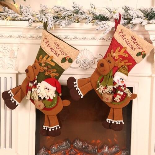 24*57cm Cute Soft Christmas Party Xmas Tree Hanging Decor Cartoon Riding Deer Santa Snowman Stocking Sock Kids Gift Candy Bags