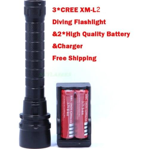 5000 LM 30W 3 x XM-L L2 LED Diving 18650 Flashlight Torch 100M Underwater Waterproof LED Flashlight + 2*18650 Battery + charger