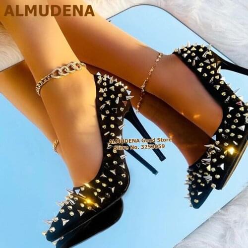 ALMUDENA Gold Silver Punk Style Rivets High Heel Shoes Metallic Pyramid Studded Dress Pumps Nightclub Unique Stiletto Heel Shoes