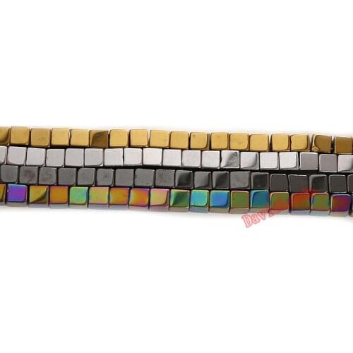 Free Shipping 98pcs/lot coated natural stone hematite cube square loose spacer beads Black/Gold/Rainbow/silver plated 4mm