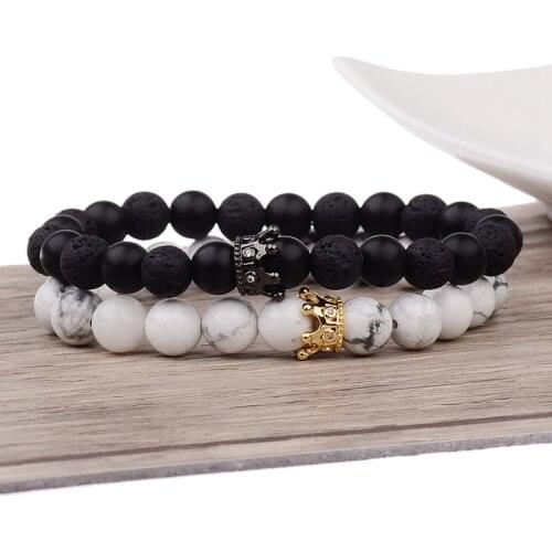 New Charm Cz Crown King Beads Couple Bracelets Handmade Distance Black Matte Lava &White Stone Bracelet For Lovers AB249
