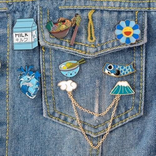 Japanese Style Enamel Pins Collection Mount Fuji Ramen Milk Carton Koi Fish Ukiyo-e Lapel Pins Brooches Badges Jewelry Gifts