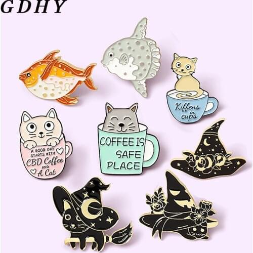 GDHY Coffee cat Wizard Cat fish Enamel Lapel Pins coffee is safe place Cats in Cup Brooches Badges Gifts for Friends Wholesale