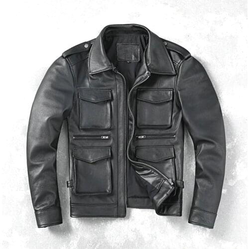 Cowhide Classical Motorcycle Jackets Men Leather Jacket 100% Natural Cow Skin Thick Motor Jacket Winter Factory