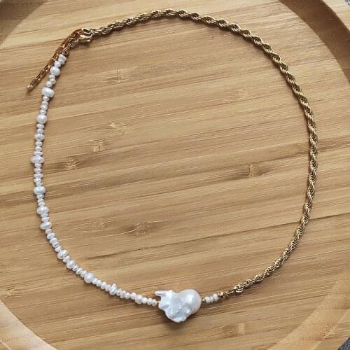 Creative asymmetric design pearl necklace handmade stainless steel chain genuine pearl pendant accessory for women charm choker