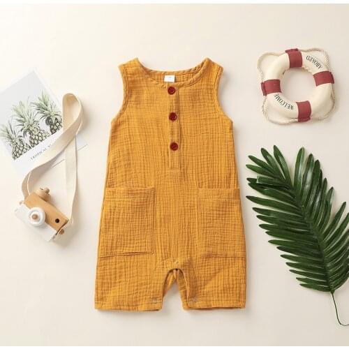 Summer Newborn Infant Baby Girls Boys Rompers Solid Cotton Linen Jumpsuit Pockets Muslin Sleeveless Baby Clothes 0-24 Months
