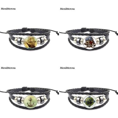 Mendittorosa Captain Jack Portrait Brand Jewelry Black Leather Bracelet Bangle Glass Dome For Child