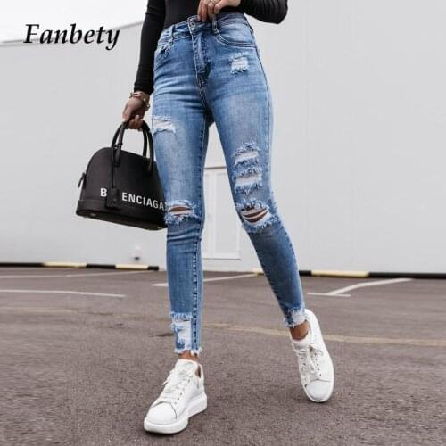 Fashion Casual High Waist Slim Denim Trousers Women 2021 Summer Elegant Ripped Hole Pencil Long Pants Solid Jeans XXL Streetwear