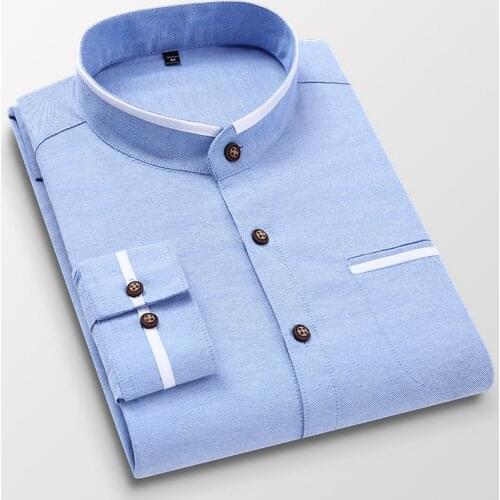 Mens Clothing Long Sleeve Regular-fit Button-down Thick Shirts Casual Solid Oxford Dress White Shirt Single Patch Pocket Stand