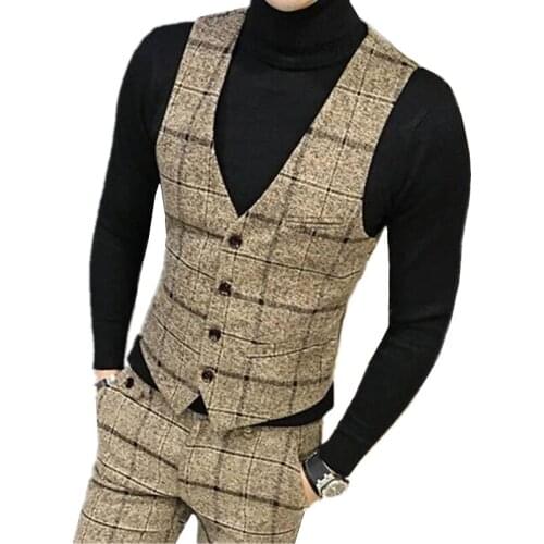 Men Wool Thick New Men Winter Woolen Fashion Plaid Vest Male Formal Business Dress Suit Vest Slim Fit Waistcoat