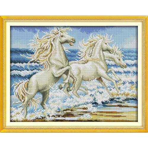 The horses by the sea cross stitch kit 14ct 11ct animal patterns count print canvas stitching embroidery DIY handmade needlework