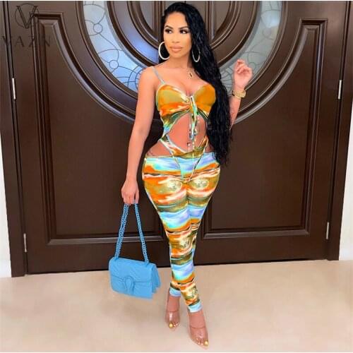 VAZN 2021 women new sexy holiday beach style sets sleeveless jumpsuits elastic long pants printed two piece sets
