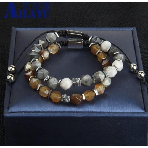 New Faceted Cut Onyx Stone Macrame Bracelet Healing Anxiety Relief Stainless Steel Logo Laser Printing Jewelry