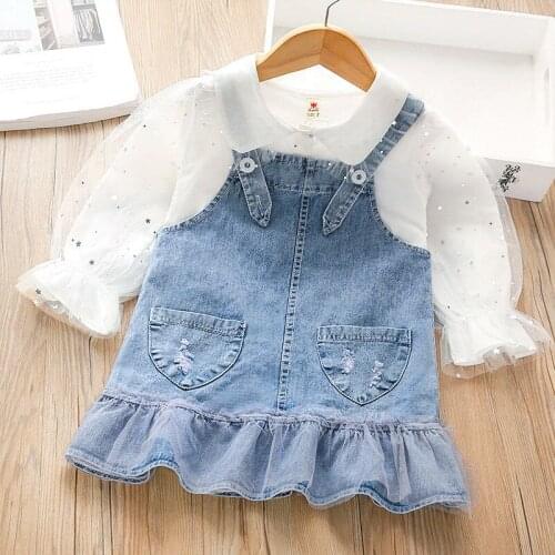 2PCS Girl Dress Spring Autumn New Style Strap Dress Cute Baby Mesh Stitching Denim Dress Children Shirt Summer Dress for Girl