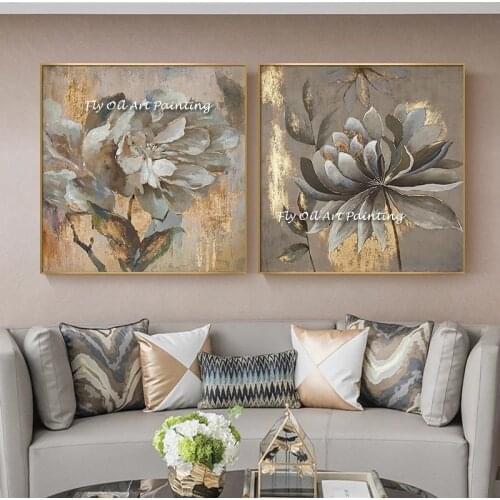 Handmade Abstract Brown Flower 100% Hand Painted Gold Foil Oil Painting On Canvas Modern Landscape Plant Wall Art For Home Decor