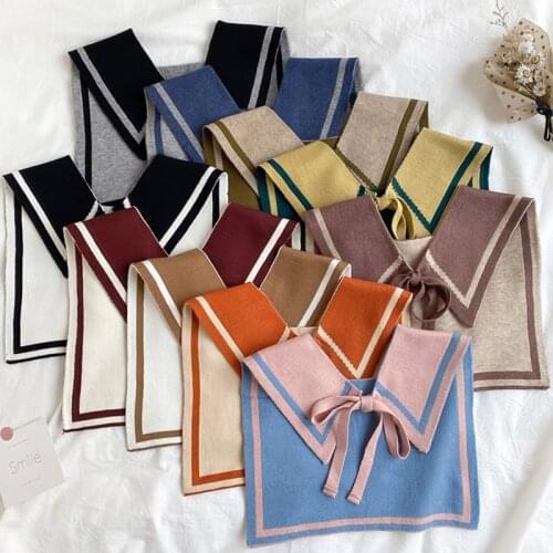 Navy Style Women Winter Knit Shawl Wrap Reversible Contrast Color False Collar Decorative Cape Bowknot Poncho Scarf