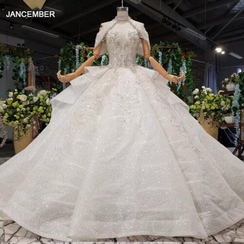 HTL978 wedding dress 2020 high neck applique crystal pearl lace up back luxury fallen sleeve wedding dress свадебное платье new