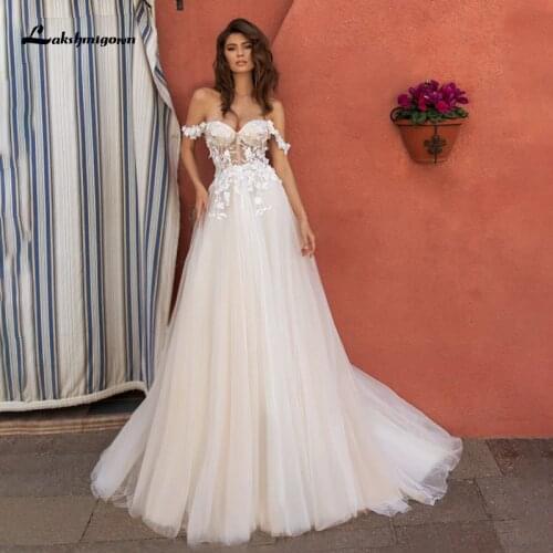 Lakshmigown Sweetheart Lace Appliques A Line Wedding Dresses Off Shoulder Tulle Wedding Gowns for Brides Formal Dress Robe Marie