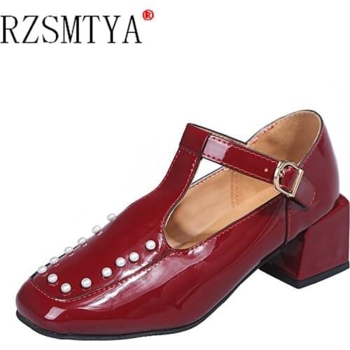 Sexy Patent Leather Square Toe Mary Jane Shoes for Women Fashion Pearl Ankle Buckle Woman Pumps Cut Out Square Heel Shoes