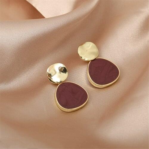 Han Edition Women Fashion Spring Wine Red Retro Geometric Stud Earrings Contracted Temperament Glaze Stud Earrings