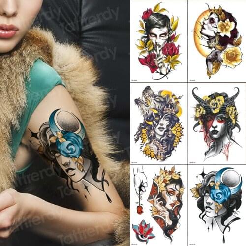 Temporary fashion tattoos for women wild wolf girls tatoo sexy moon rose tribal fake tattoo 6pcs/pack wholesale body stickers