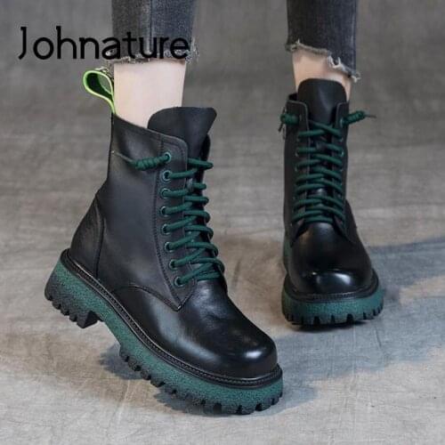 Johnature Genuine Leather Ankle Shoes Women Boots 2021 New Winter Round Toe Leisure Handmade Concise Comfortable Platform Boots