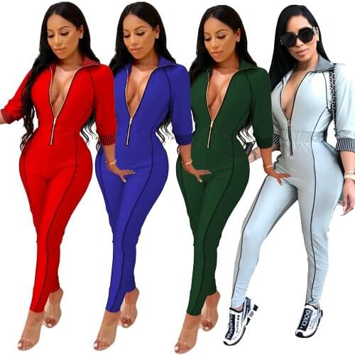 2021 Jumpsuit Women Elegant Sexy Urban Autumn One Piece Outfit Women Clothing Zipper Streetwear Wholesale Item Playsuit Rompers