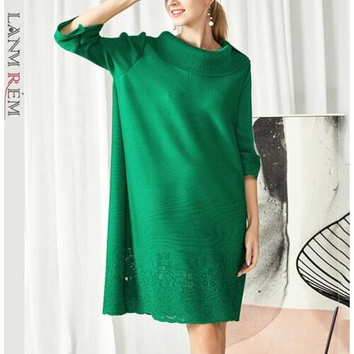LANMREM Women Pleated Green Dress New Arrivals Pile Collar Flare Sleeve Loose Fit Fashion Tide Autumn 2021 2E1580
