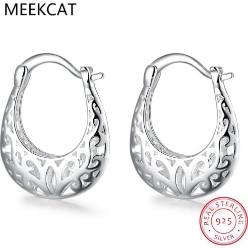 MEEKCAT Real 925 Sterling Silver Flower Pattern Moon Shape Hollow Earrings for Women Retro Ethnic Fine Jewelry