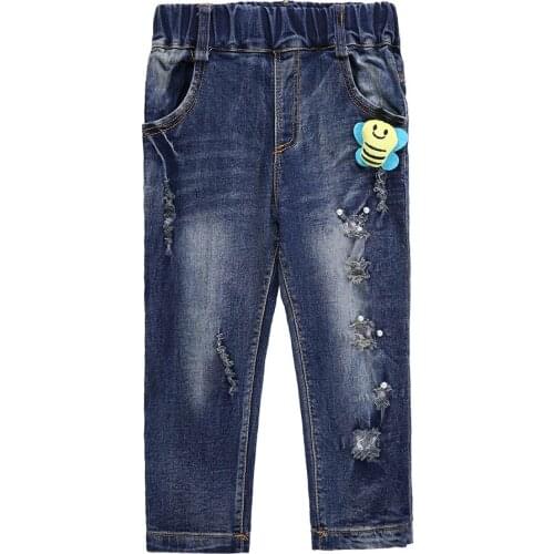 Children Outfit Pants Girl Jeans Blue Ripped Bee Animal Cute Sporty Elastic with Pocket Size 3 5 7 Years Old Cotton Polyester