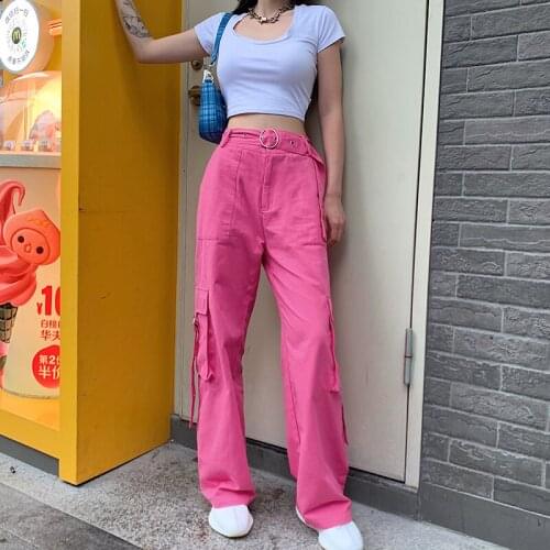 Loose High Waist Cargo Pants Women Street Retro Pocket Belt Straight Wide Leg Pants Casual Trousres