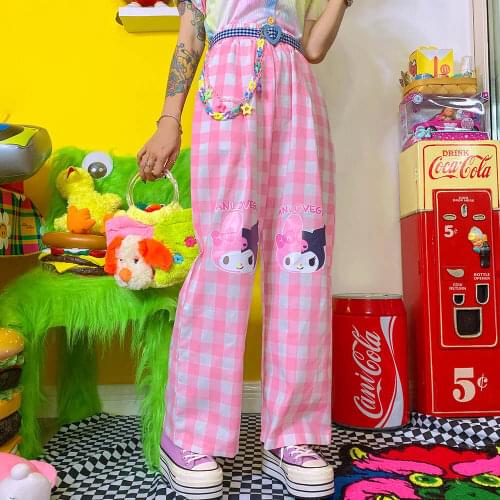 Women Pink Plaid Pants Cartoon Embroidery Cotton Straight Wild Leg Cute Sweet Japanese Girl Casual Kawaii Harajuku Trousers
