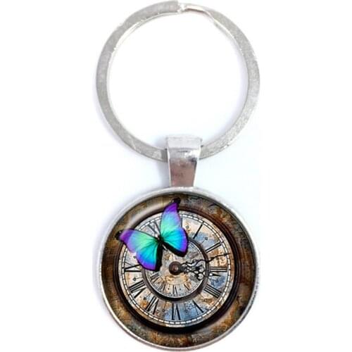 New Vintage Butterfly And Clock Keychain Glass Cabochon Mariners Compass Keyring For Sailing Boating Jewelry