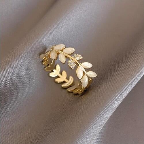 Korean hot fashion jewelry exquisite copper inlaid zircon wheat ear leaf opal ring elegant womens opening adjustable ring