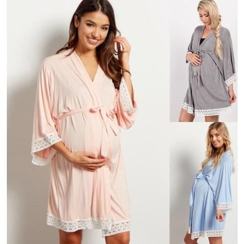 Plus Size S-3XL Lace Maternity Pajamas Pregnant Women Lounge Breastfeeding Robe Nightgown Nursing Pregnancy Clothes