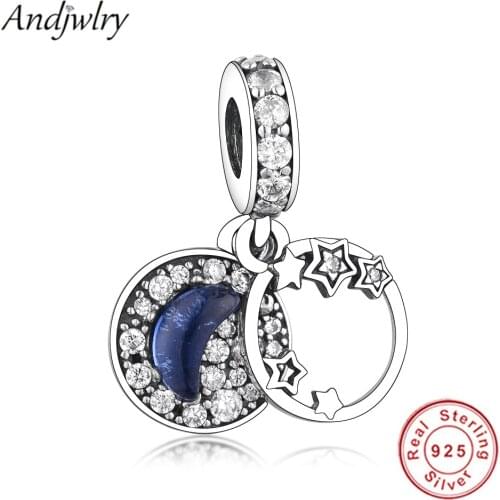 Fit Pandora Charms Bracelet Necklace 925 Silver Pendant Charm Blue Night Sky Crescent Moon & Stars Dangle Charm Jewelry Berloque