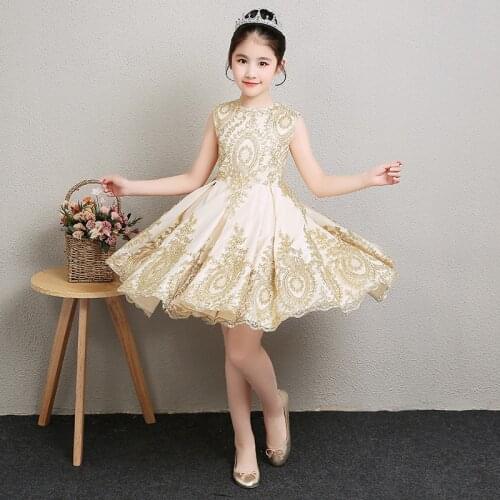 Gold Lace Girl Summer Dress Flower Girl Dress For Wedding Sequin Girl Party Princess Birthday Dress Kids First Communion Gown