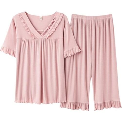 Modal Summer Pajamas Set Womens Sweet Princess Women Short Sleeve Pants Mom Korean Style Cotton Loose Pajamas kPaCotAkoWka