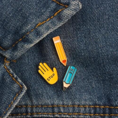 Cartoon Pencil Stop Sign Hand Brooch Lapel Enamel Pin Jeans Jackets Collar Decoration Pins Colorful Badge Jewelry Students Gifts