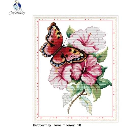 Joy Sunday Butterfly Love Flower (18) Pink Flower Pattern Count Cross Stitch Kit 14ct 11ct Needlework Embroidery Set Handicrafts